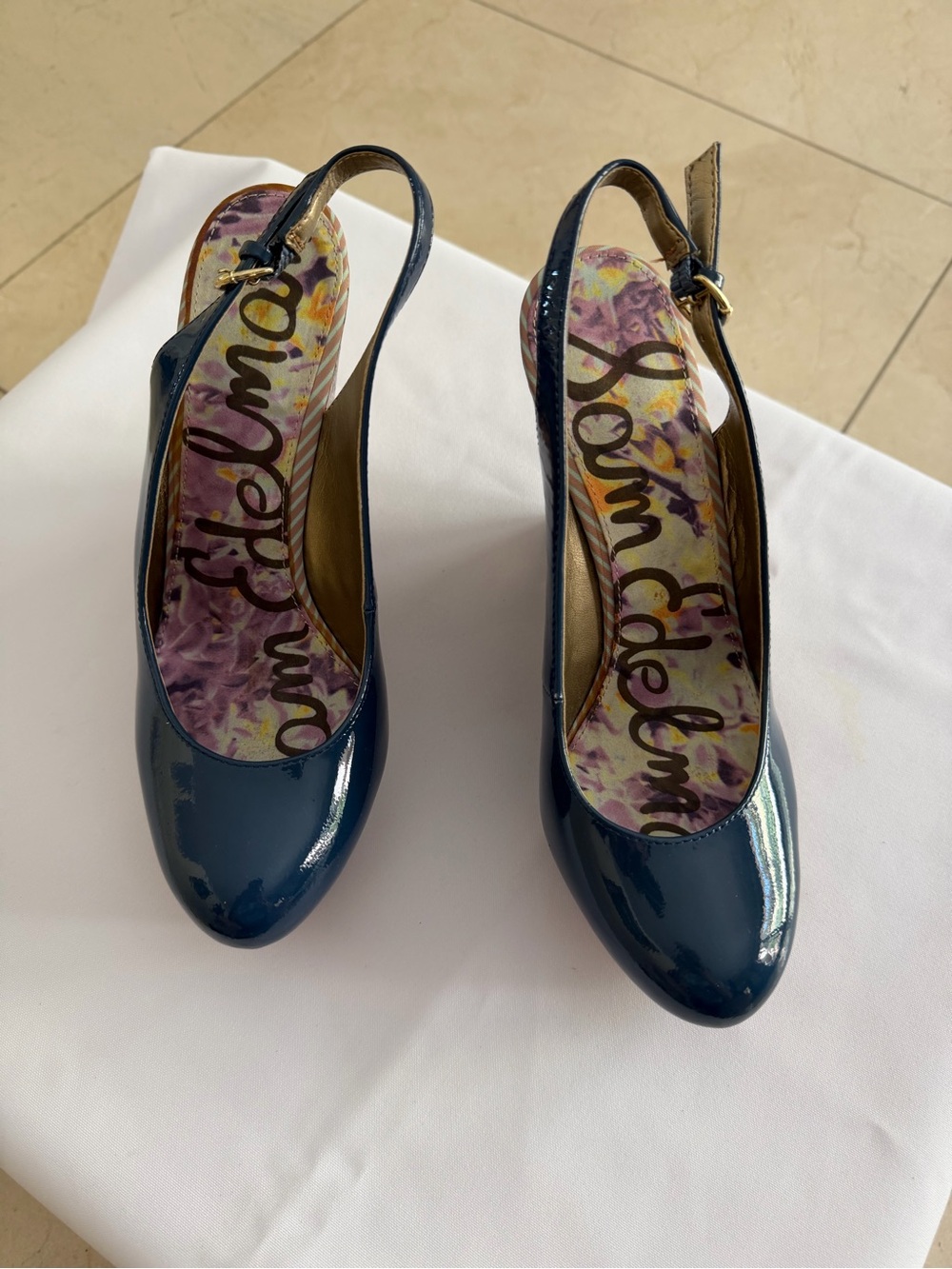 Sam Edelman Deep Blue Patent Slingback Pumps